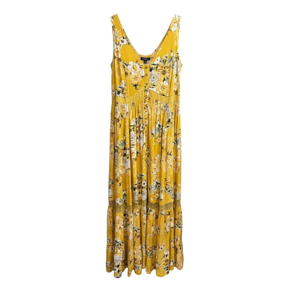 Torrid Yellow Floral Maxi Dress Plus Size 2 Button Front Lace Trim Tiered Boho